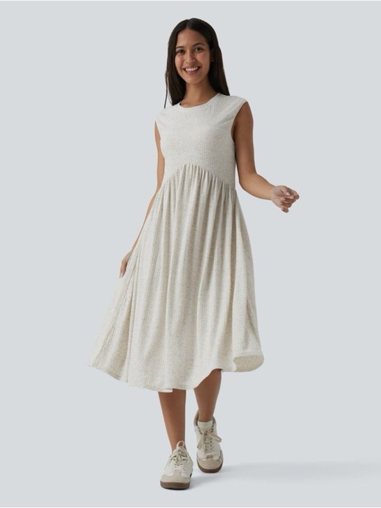 HALARA Dresses & Skirts - Halara Ribbed Knit Round Neck Sleeveless Flowy Midi Casual Linen-Blend Dress, M